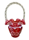 Fenton Ruby Red Hand Painted Floral Basket Open arches signed