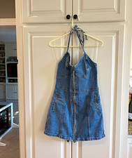 American Eagle Blue Denim Mini Dress 10 Zip Front Sleeveless Strappy Sweetheart
