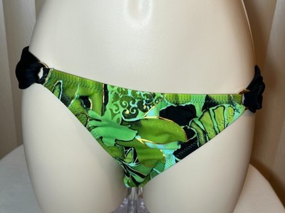 Blue Sky Bikini Bottom S Low Rise Swim Brief Ring Banded Side Green Print Womens