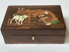 Vintage Indian rosewood trinket box - marquetry picture lid - 16cm x 10cm x 6cm