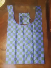 Baggu Naylon Blue/Green Checkered Tote Bag with Matching Pouch NEW