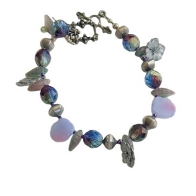 VtG Sapphire style Czech Art glass beaded Bracelet Whimsical floral sterling 925