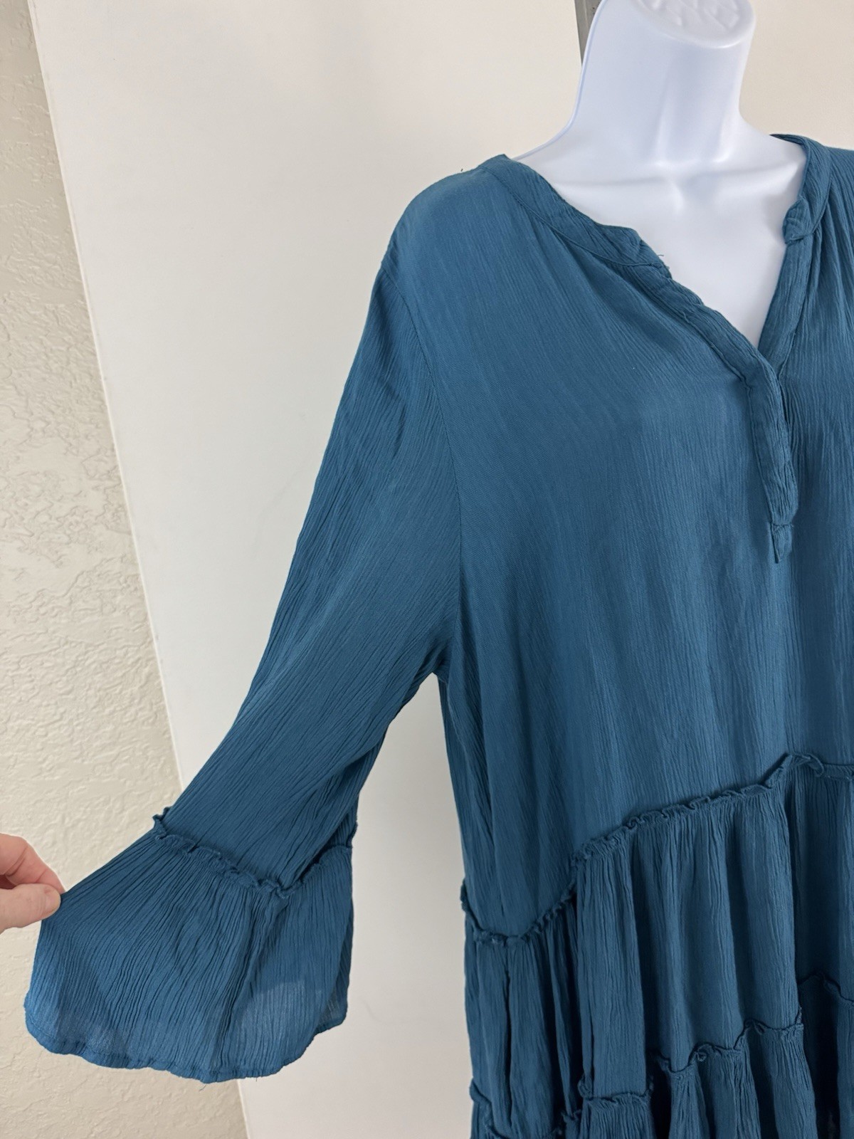 ELAN Teal Scrunch Viscose Fabric Tiered 3/4 Sleeve Shift Dress Sz XL