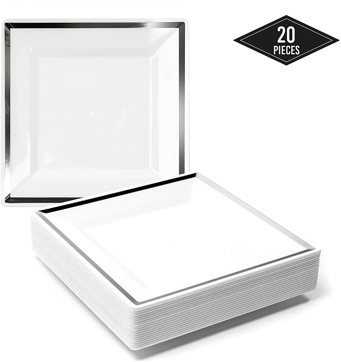 20 Pack White Square Plastic Plates Wedding Party Plates Silver Border Tableware