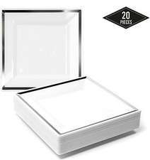 20 Pack White Square Plastic Plates Wedding Party Plates Silver Border Tableware