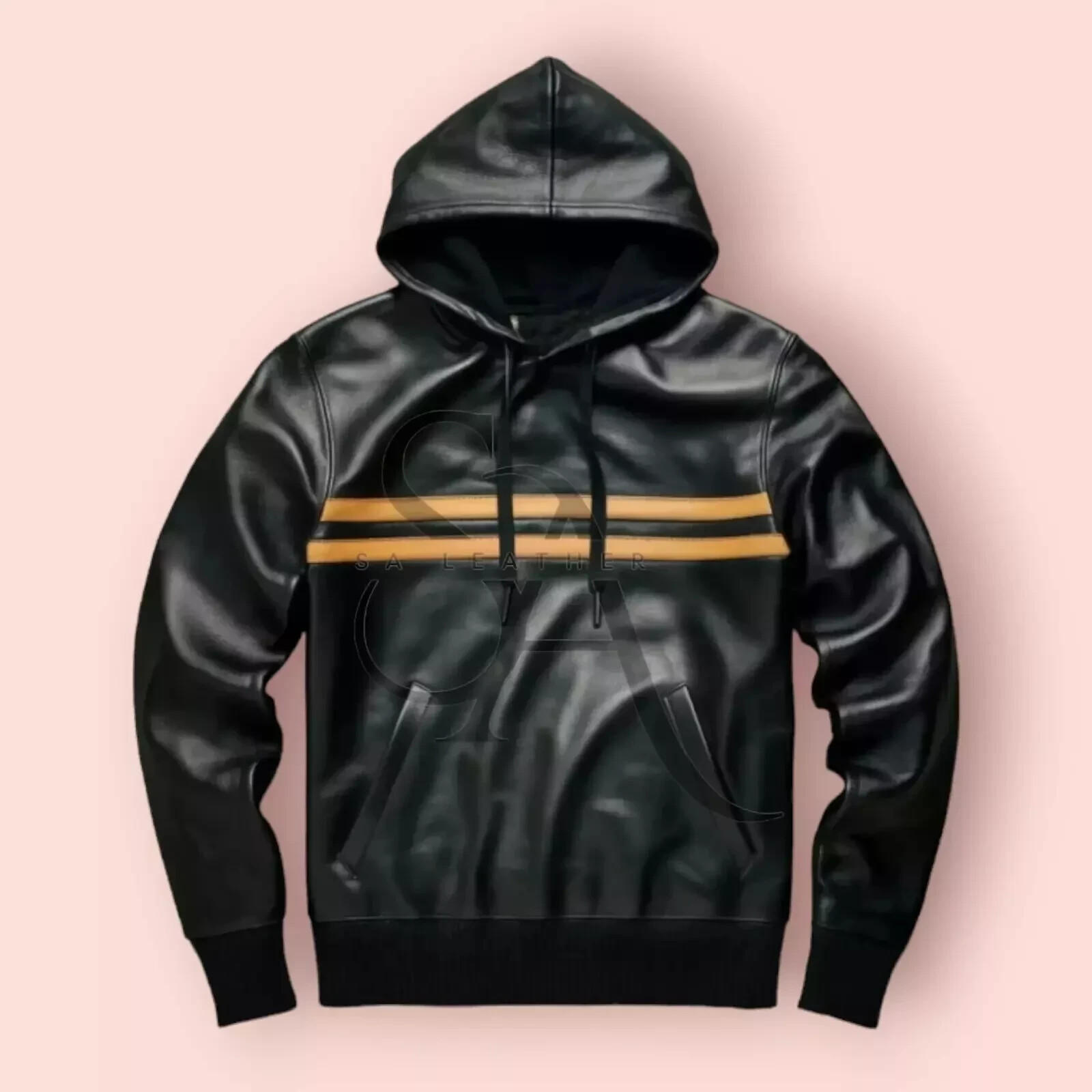 Men's Black Lambskin Leather Hoodie with Front Lining Premium Soft Real Leather