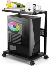 2-Tier Iron PC Stand with Locking Wheels - Fits Most CPU Towers, Black