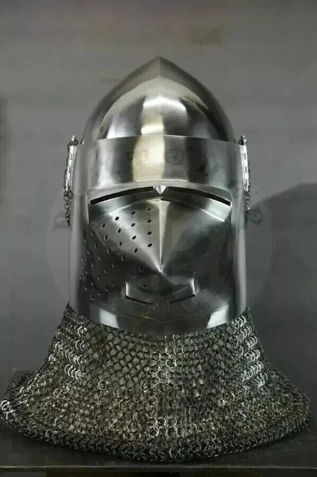 Casco Nasal Normando Medieval de Acero con Cota de Malla Casco Nasal Normando Medieval de Acero con Cota de Malla