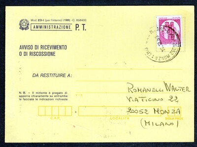 italy - RIC. by RIT. AFFR. with 650 L. CAST. MACC. MONZA(MI) il 19-12-1989