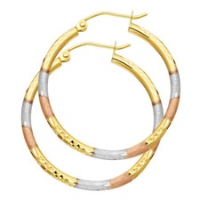 Gold 14K Tri Color Gold 2mm Tube Diamond Cut Hoop Earrings
