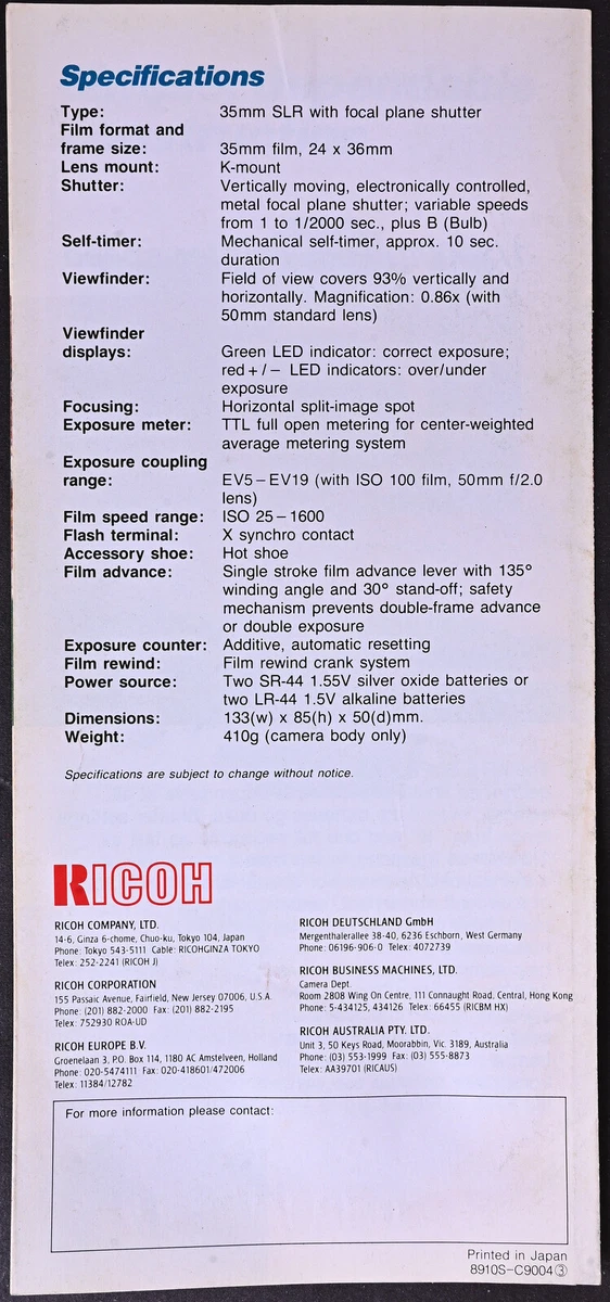 Original Ricoh KR-5 Super II Camera Brochure 1989 Edition - Excellent