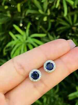 1.10Ct Lab Created Blue Saphire Halo Women's Stud Earrings 14K White Gold Finish