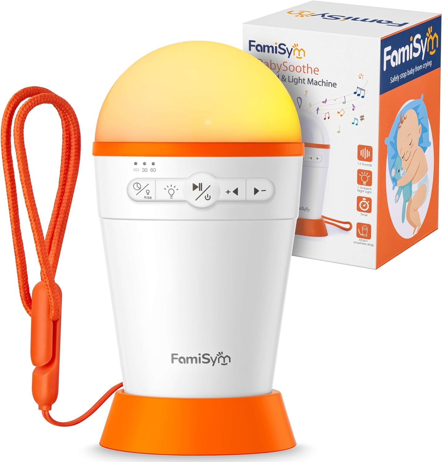 FamiSym Portable Sound Machine for Baby Kids with Night Light - Orange-image
