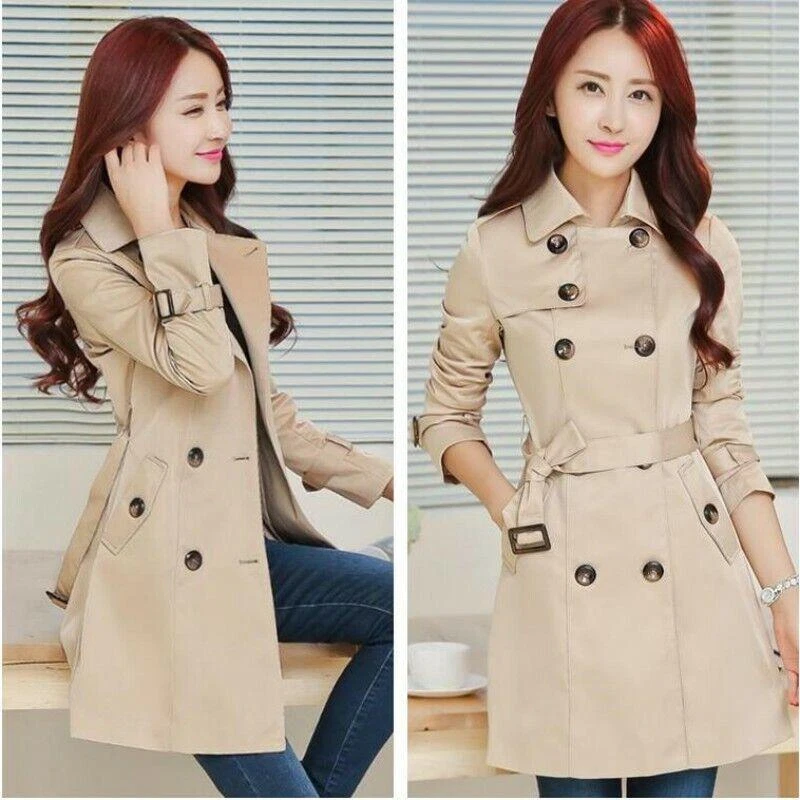 Women Double Breasted Slim Fit Belt Jacket Spring Casual Windbreaker Trench Coat - Image 2 of 4