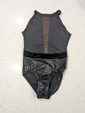 BEAUTIFUL Sylvia P gymnastics Leotard Child 6 Small Metallic Black STRAPPY Back