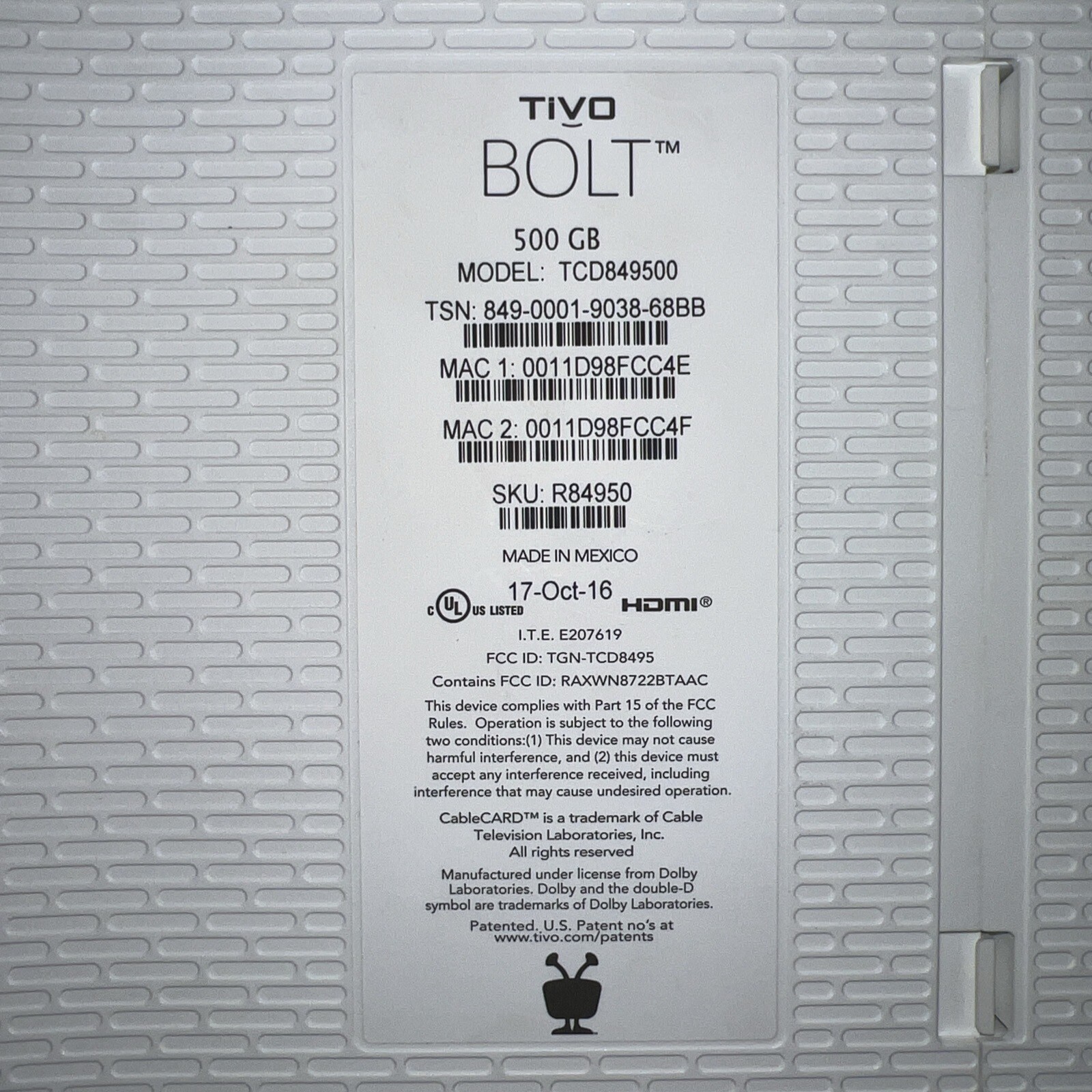 TiVo BOLT 500 GB DVR 4K UHD includes remote and cables and box