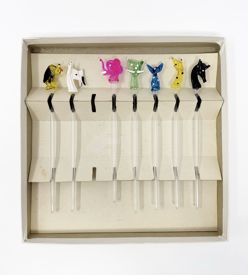 VINTAGE Hand Blown Glass Animals Set Of 7 Cocktail Stirrers Swizzle Sticks MCM