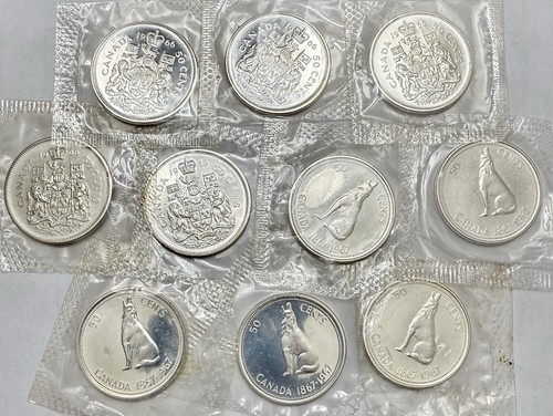 Lot of 10 (1966-67) Canada Silver 50 Cents .800 (Prooflike, from Mint Sets)