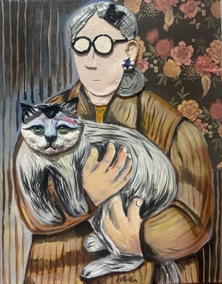 Old Woman Fat Cat Mixed Media Painting By MBollen Cats Sculpy Acrylic