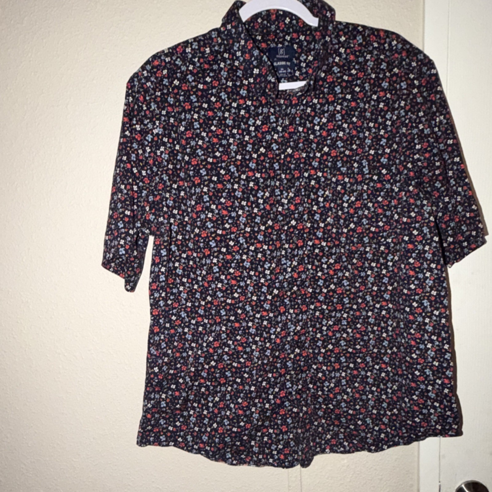 George Men's Navy Floral Print Classic Fit Short Sleeve Button-Up Shirt XL