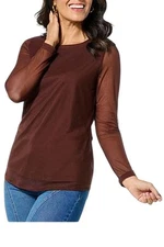 Nina Leonard Women's Long Sleeve Power Mesh Top Chocolate