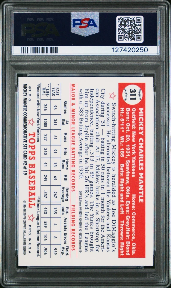 1996 Topps Mantle Finest #2 1952 Topps Reprint W/Coating PSA 8 - Image 2 of 2
