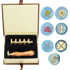 Flower Wax Seal Stamp Set with 7 PCS Removable Brass Heads and 1 Wooden Handle -