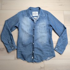 Frank  Eileen Barry Shirt Womens XL Distressed Blue Denim Chambray Made in USA