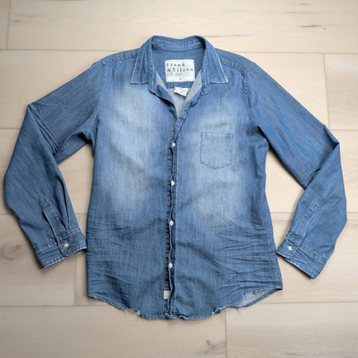 #ad Frank amp; Eileen Barry Shirt Womens XL Distressed Blue Denim Chambray Made in USA $99.99
