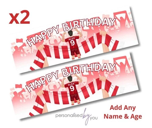 2 x Personalised Birthday Banners Large RED 900x300 FOOTBALL THEME ADD NAME AGE