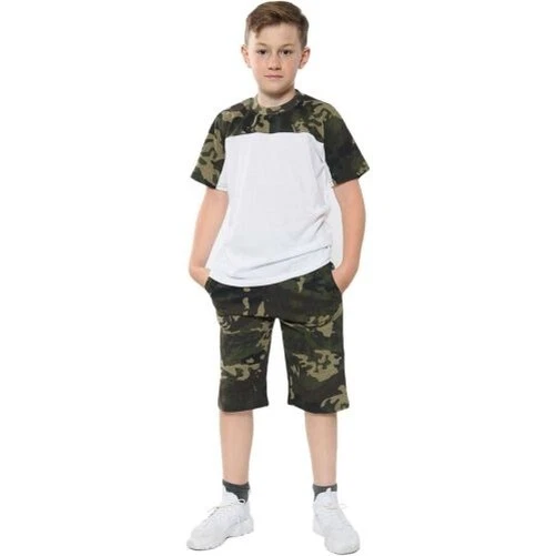 Kids Two Colour Block Top & Shorts Set Camo Green Summer Wear Girls Boys 5-13