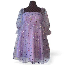 Smak Parlour Purple Party Dress Womens Size Large Milkmaid Babydoll Hearts Mesh