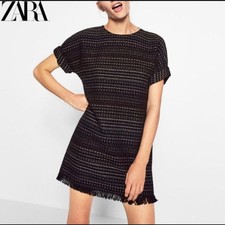 Zara Trafaluc dress Tweed fringe full back zip black sz S