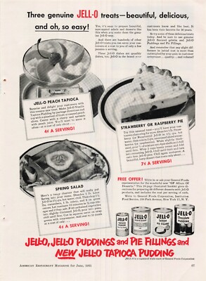 VTG 1951 Print Ad Jell-O Puddings & Pie Filling & Tapioca Pudding Strawberry Pie