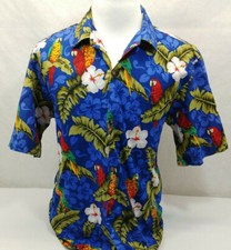 Hawaii Brand Vtg USA Made Parrot Hibiscus S/S Hawaiian Aloha Camp Shirt Mens L