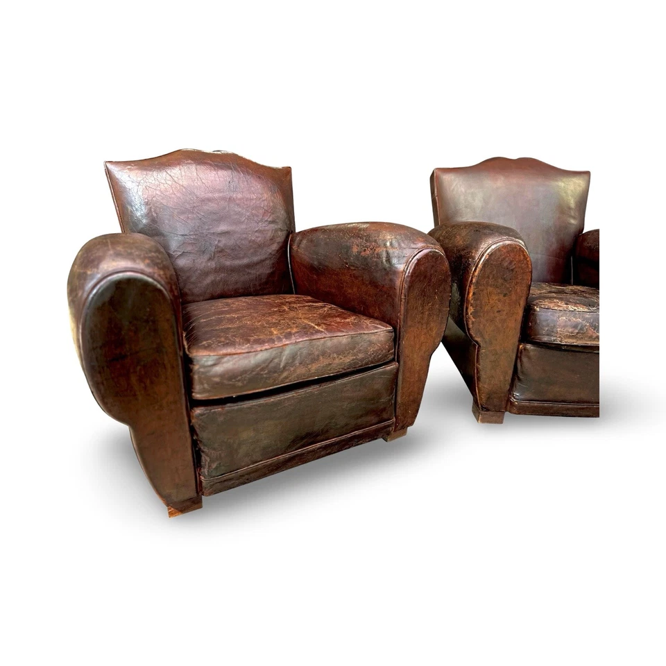 Par de sillas de club francesas de cuero Art Deco originales - 1930 Foto 4 de 4