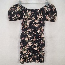 Blashe Womens Dress Size S Black Floral Chiffon Ruched Off Shoulder Bodycon Mini