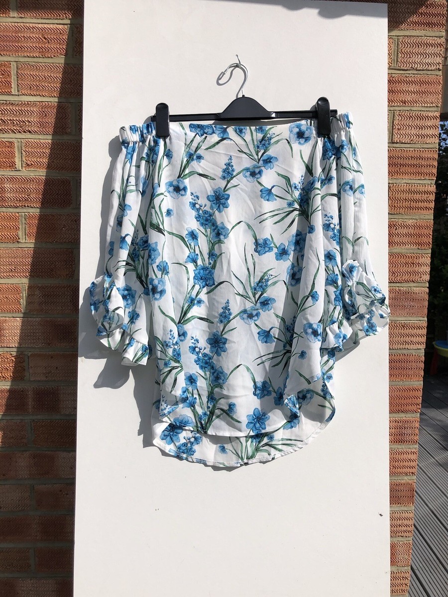 New Look 12 Blue And White Floral Off The Shoulder Frill Sleeve