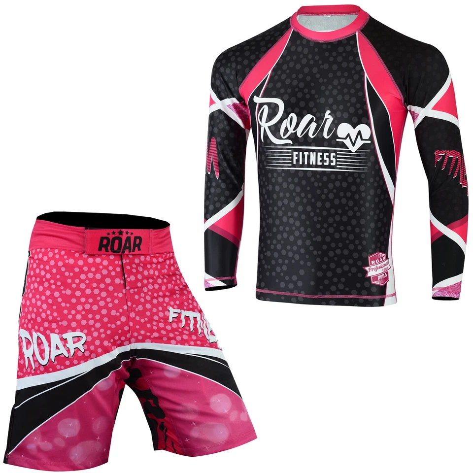 ROAR Women Fight Wear Long Sleeve Rash Guards & MMA Shorts Pink BJJ Leggings - Image 2 of 4