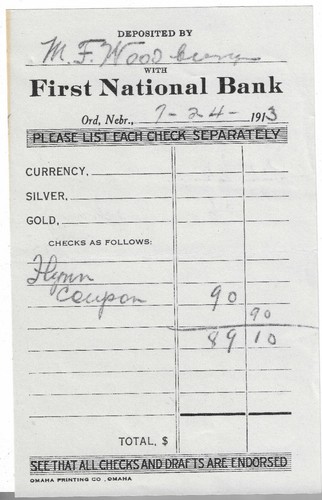 1913, Deposit Slip, First National Bank, Ord, Nebraska, M.F. Woodbury