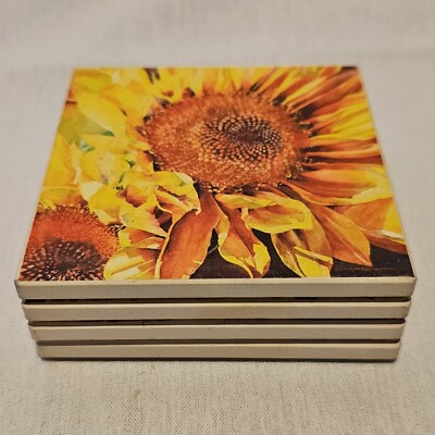 Set Of Four Absorbable Cork Back Sunflower Coasters NWOB