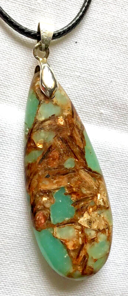 Pendentif Création Artisanale - Perles Gouttes Turquoise Et Sédiments Marins, Fermoir Dormeuse Argent