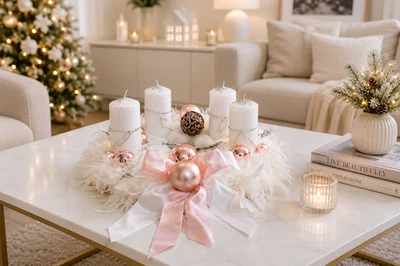 Adventskranz weiß rosa 40 cm mit oder ohne Kerzen erhältlich Federkranz Advent - Bild 1 von 4