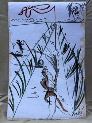 SALVADOR DALI drawing and painting on old paper signed stamped vintage