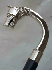 Walking stick Victorian, Silver Brass Wolf Head Handle Wooden Shaft Nautical