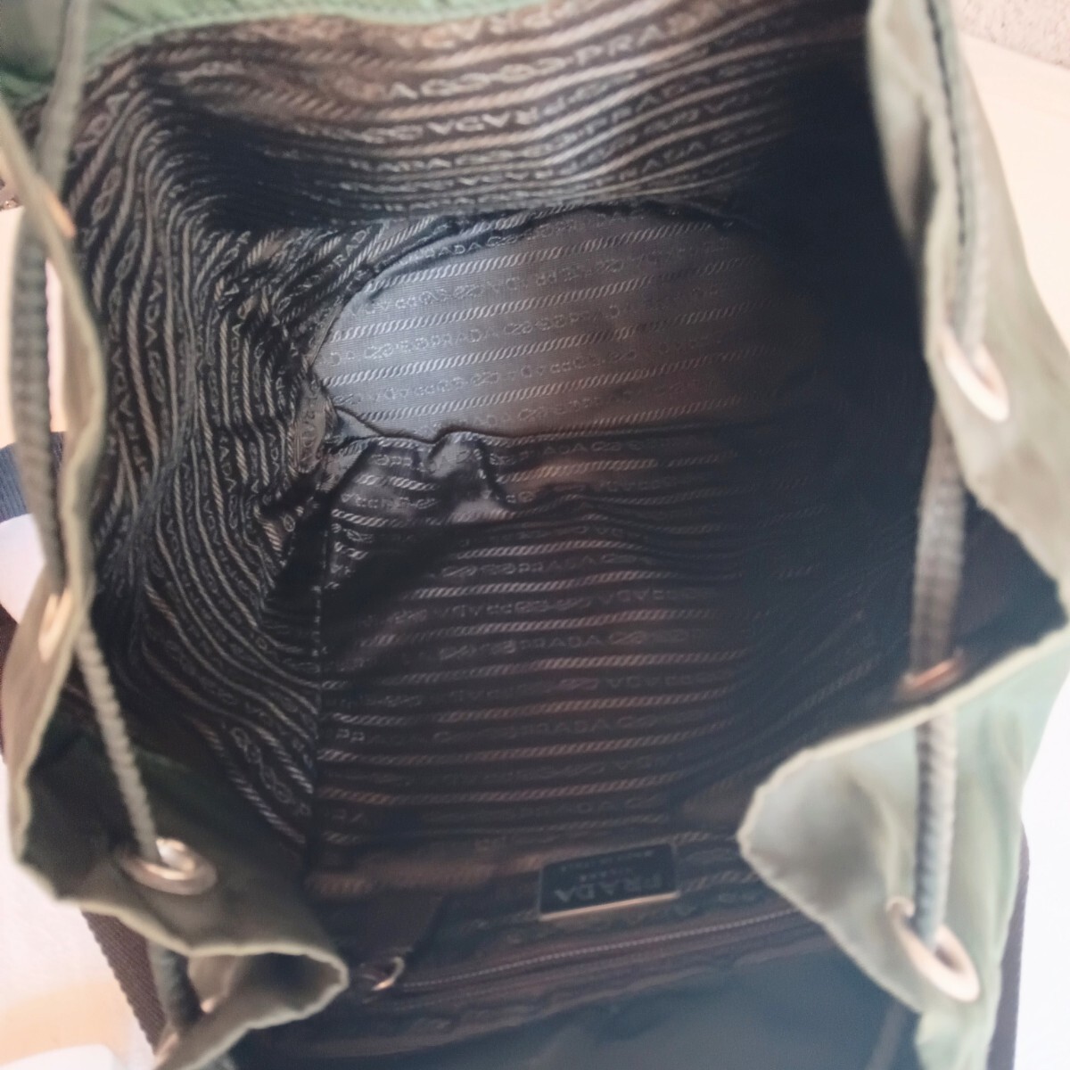Good Condition PRADA Old Nylon Drawstring Backpack Lightweight Bag Olive Khaki G thumbnail 7