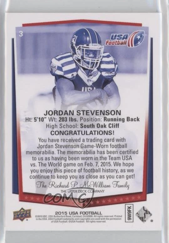 2015 Upper Deck USA Football U-19 Future Swatch /99 Jordan Stevenson #3 Patch - Image 2 of 2