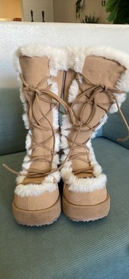 DEMONIA NEW Camel Cubby-311 Fur Trim Lined Platform Lace-Up Knee High Boots 9