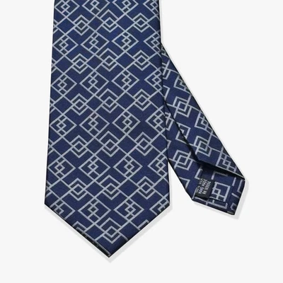 Uncle Jimmy Menswear 7-Fold 100% Silk Tie Navy Blue/Silver Connected Diamond - Image 1 of 3