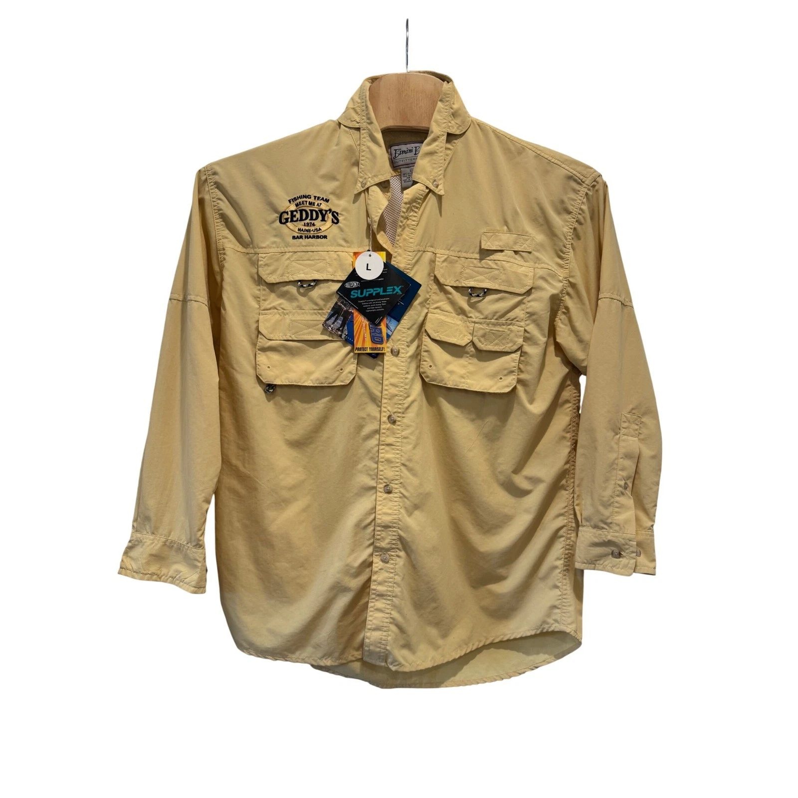 NEW Bimini Bay Fishing Shirt Mens L Yellow Geddys Bar Harbor Maine Supplex UV